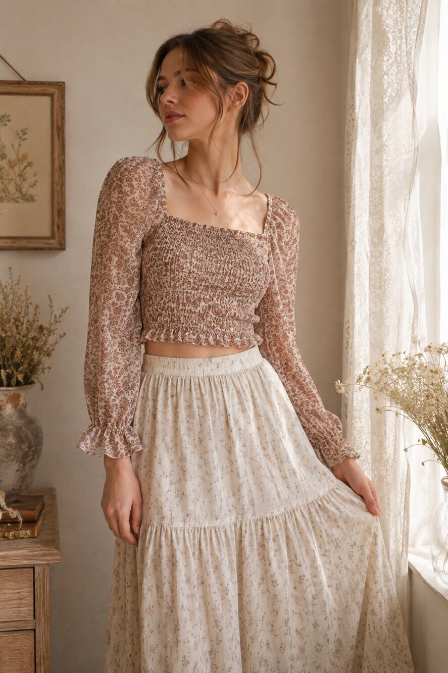 Women’s Floral Smocked Crop Blouse XS Cottagecore Sheer Puff Sleeve
